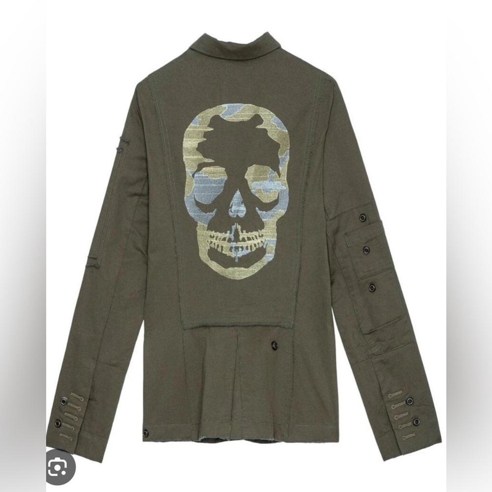 Zadig & Voltaire Virginia Camo Skull Lurex Jacket in Military Green Size XS